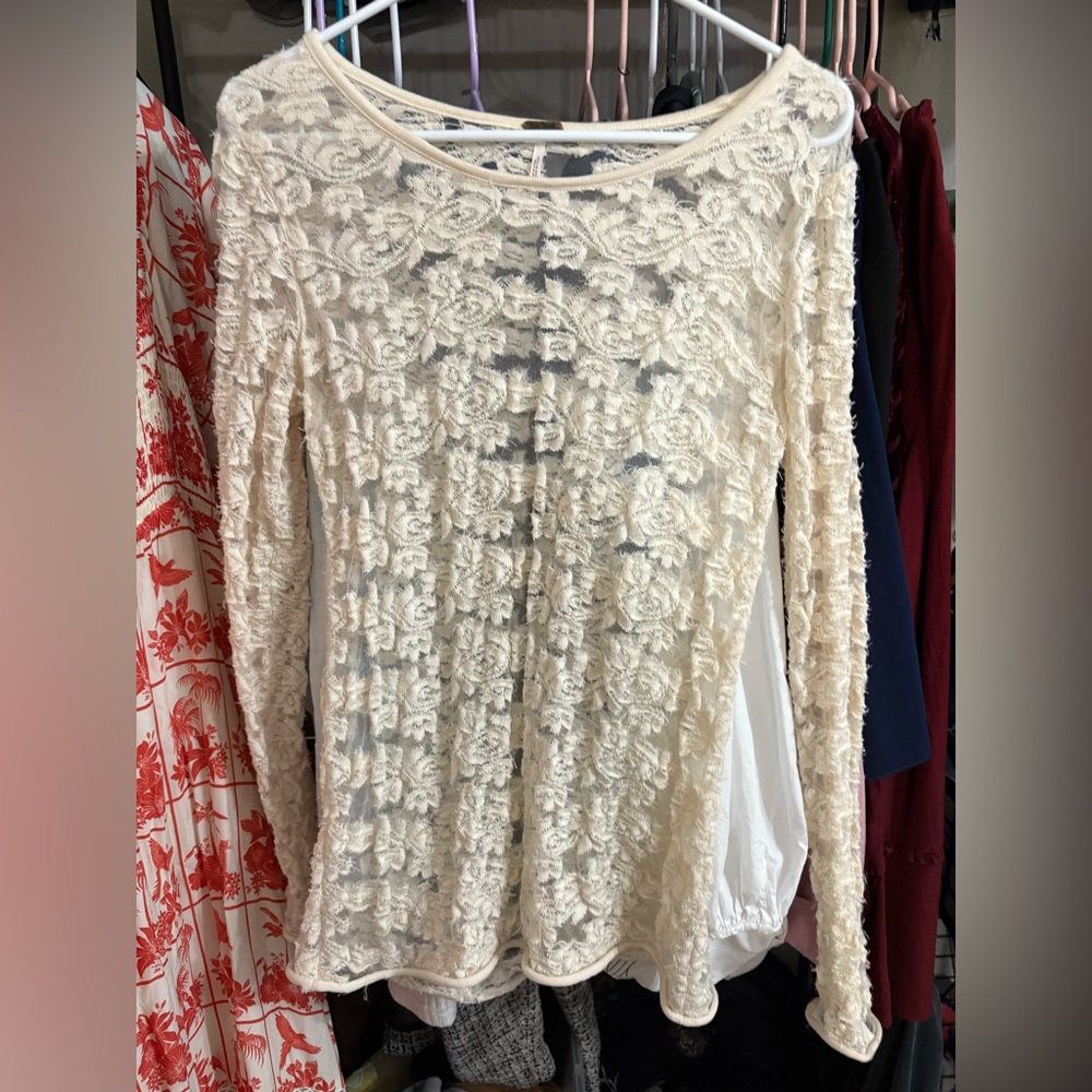 Free People White and Red Embellished Long Sleeve Blouse